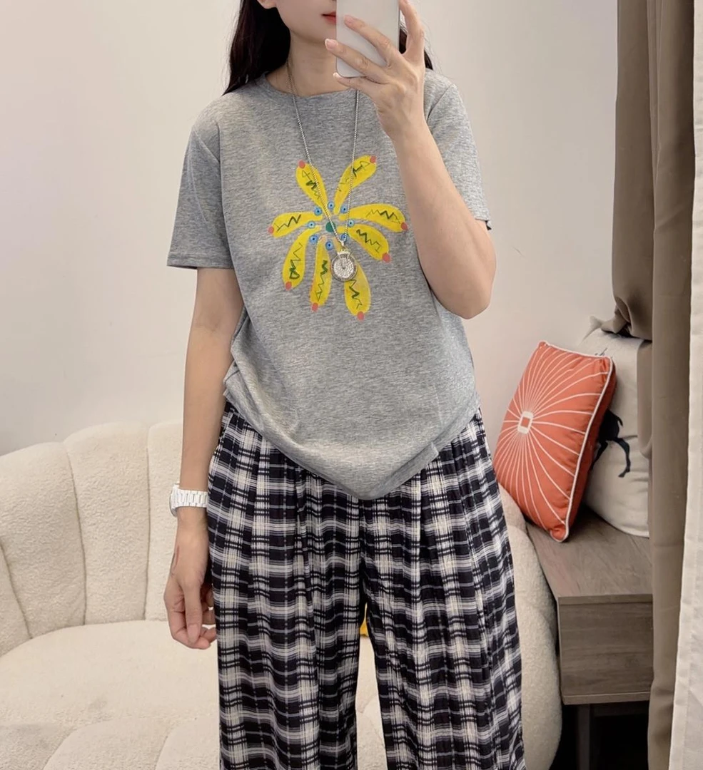 韩系简约小雏菊印花短袖t恤女百搭圆领上衣+百搭裤子套装DYY2841