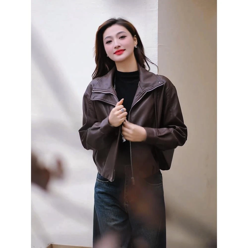 秋季时尚百搭短款皮衣女小个子气质休闲皮夹克宽松骑行机车皮外套