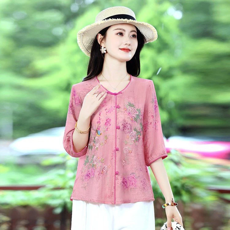 新中式国风气质刺绣衬衫女士夏季洋气高端七分袖上衣