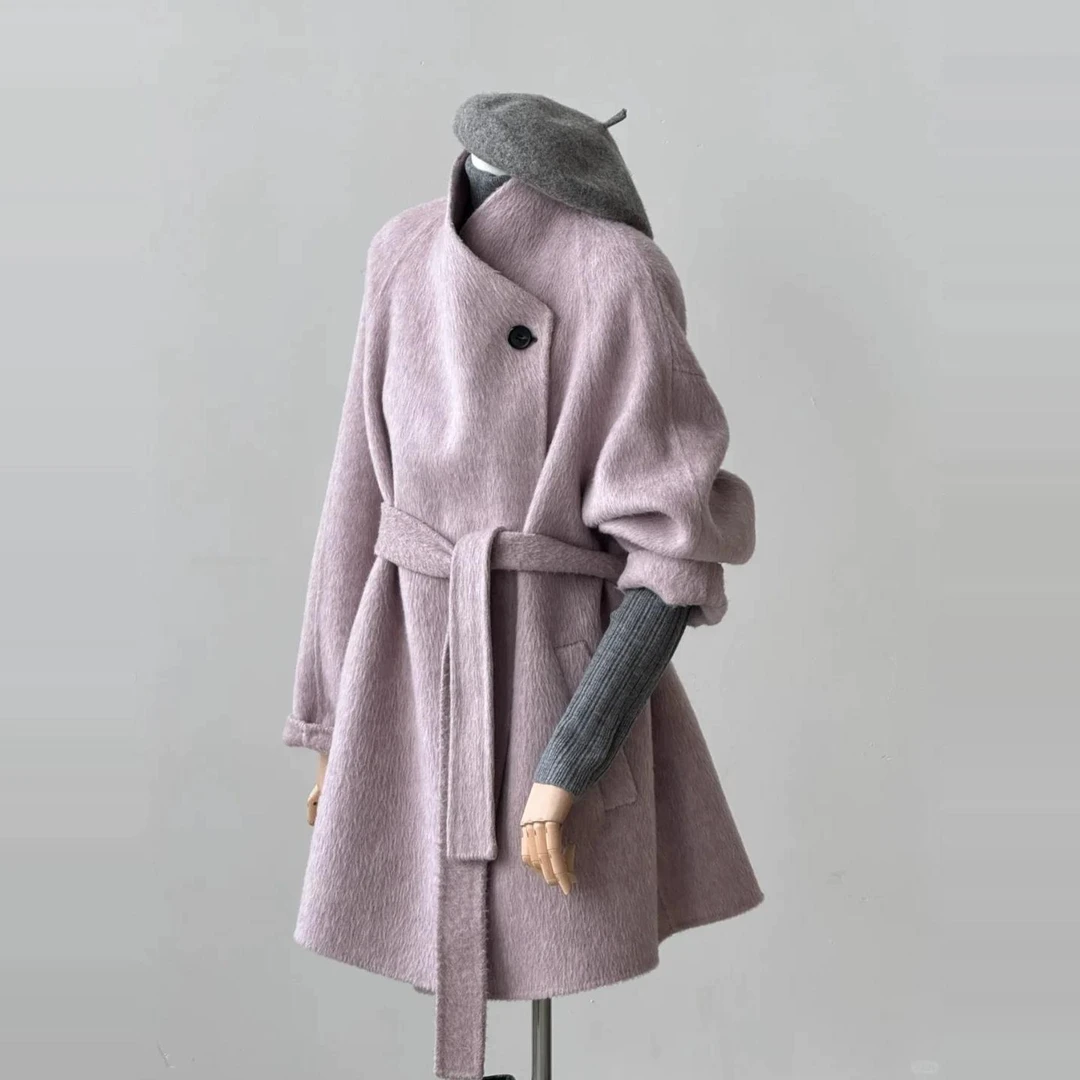3836粉紫色中长款毛呢外套女冬季胖mm韩系高级感时髦减龄呢子大衣