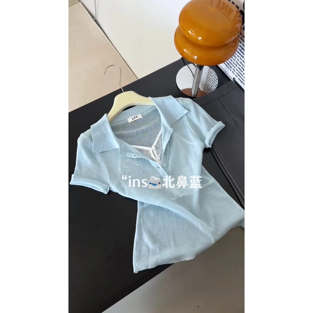 韩系简约POLO领短袖针织上衣女2025夏季复古薄款百搭修身短袖t恤