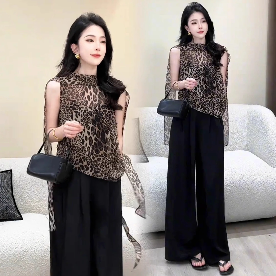 时尚套装女2025夏季新款时髦设计感豹纹飘带雪纺衬衫阔腿裤两件套