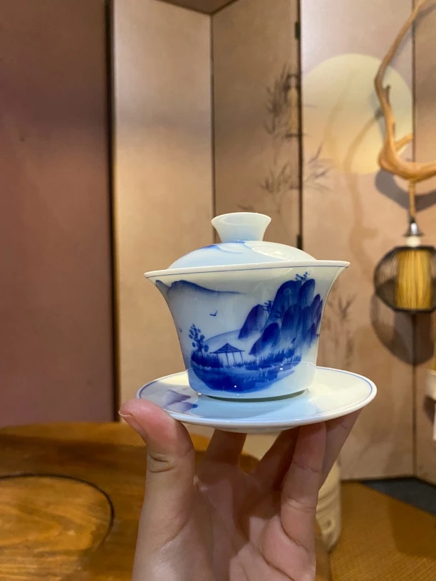 【百家笑谈孙建弘专属】青花山水图三才盖碗