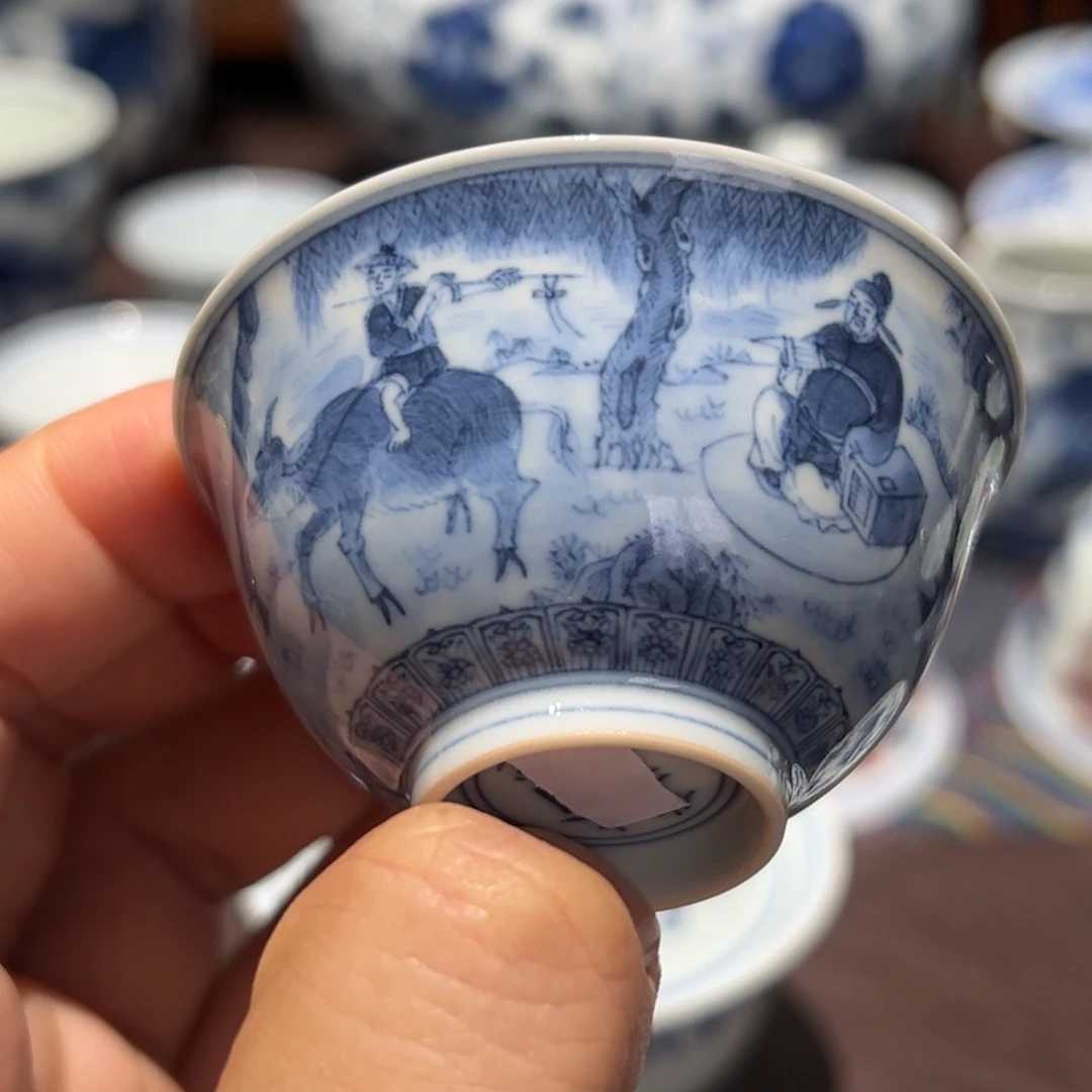 精品青花鱼樵跟读人物故事撇口杯口径约6.5厘米
