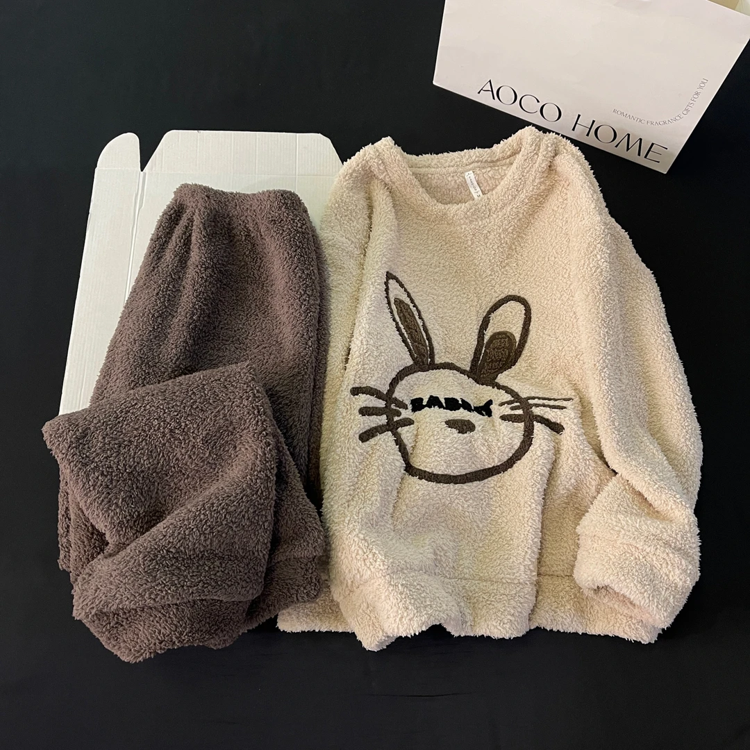 睡衣女秋冬季珊瑚绒大码加厚仿半边绒卡通秃头套装冬天保暖家居服