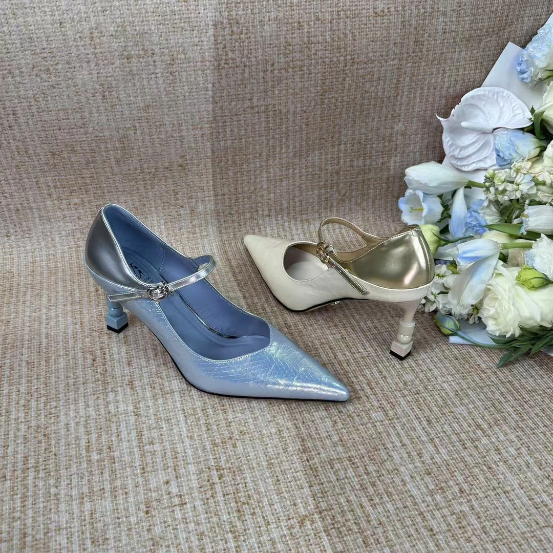 范戈希牛皮跟高7CM尖头单鞋女气质网红时尚女士细跟高跟买1赠3