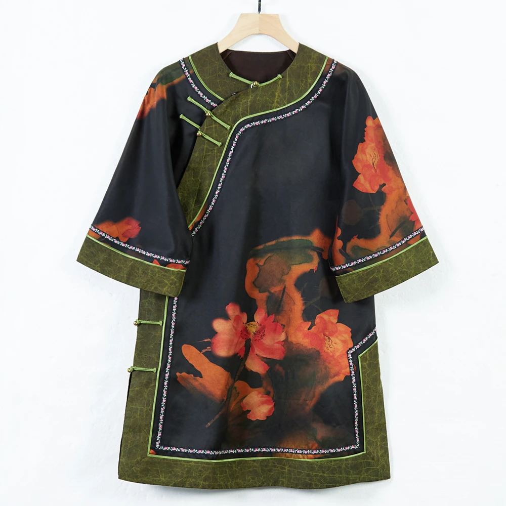 华族经典【墨染荷香】重缎香云纱桑蚕丝复古优雅太太服中长款上衣女