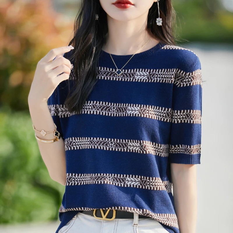 哥弟阿玛施正品爆款短袖显瘦洋气时尚针织纯色圆领凉感新款上衣女