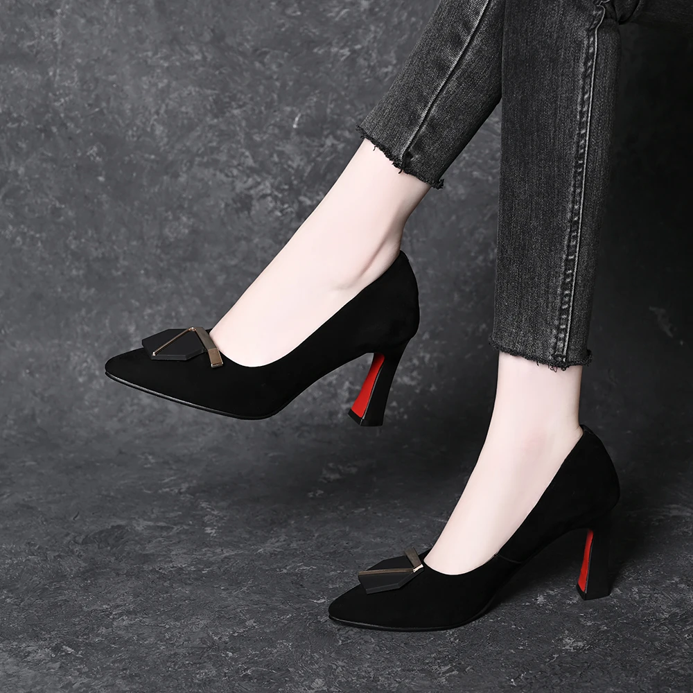 真皮羊皮七字扣尖头浅口单鞋女春秋新款气质百搭磨砂细跟高跟鞋