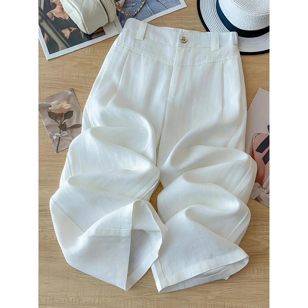 拉夏贝尔白色休闲阔腿裤女夏季薄款2025新款今年流行垂坠感直筒裤