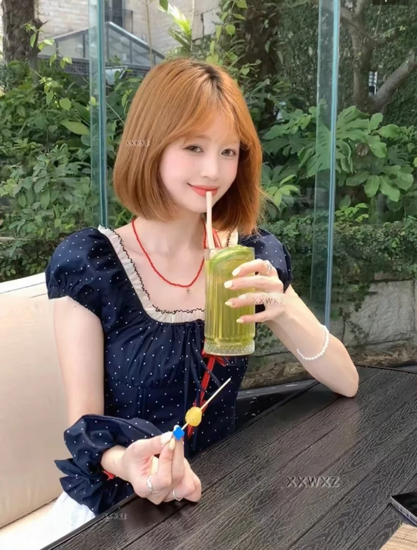 大码法式甜美风泡泡袖波点蝴蝶结衬衫女夏季蕾丝花边减龄修身上衣