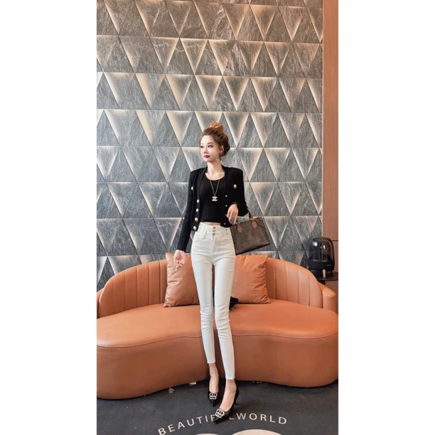 【茹哥】新款白色修身显瘦时髦牛仔九分裤8828-2