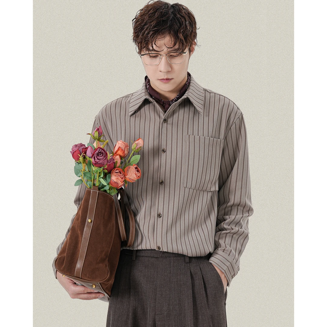 日系复古条纹宽松长袖衬衫男女款春秋季新款痞帅百搭休闲打底上衣