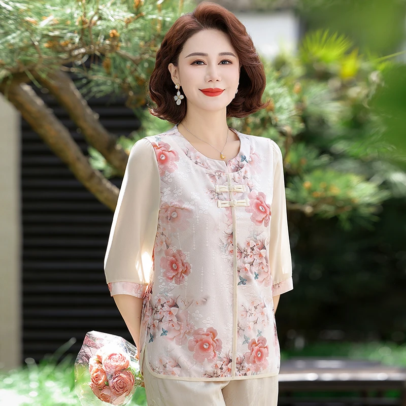 妈妈装T恤夏季薄款中老年人女时尚国风小衫春洋气奶奶上衣打底衫