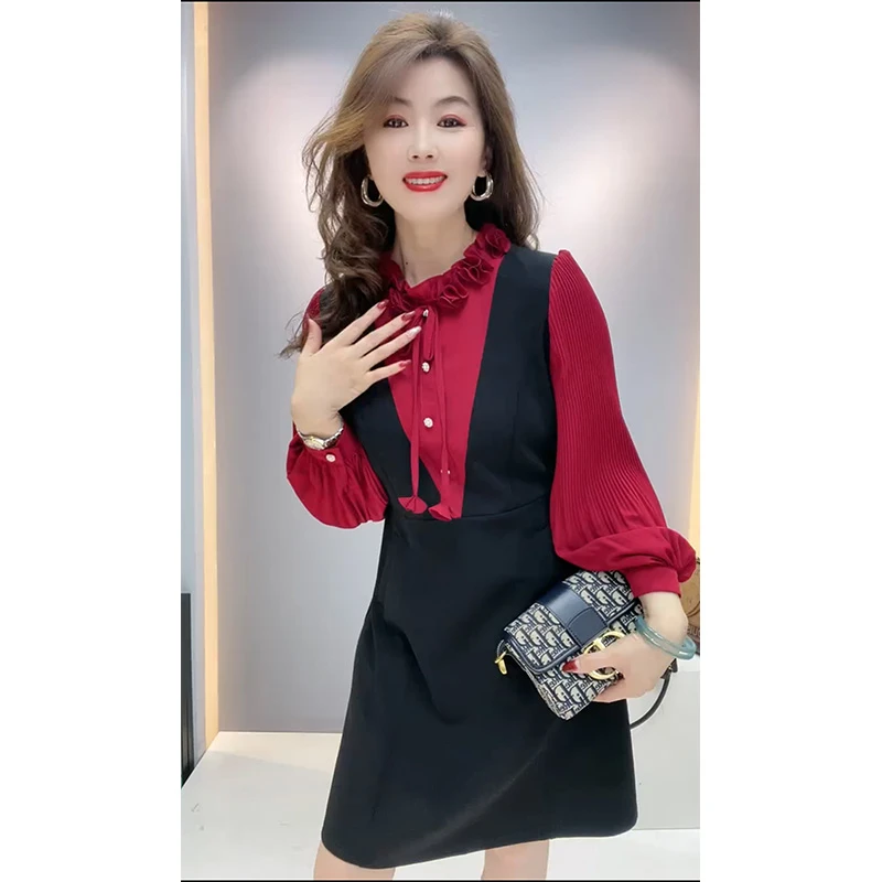 优雅气质拼接假两件连衣裙女2025春季新款漂亮花朵收腰显瘦中长裙