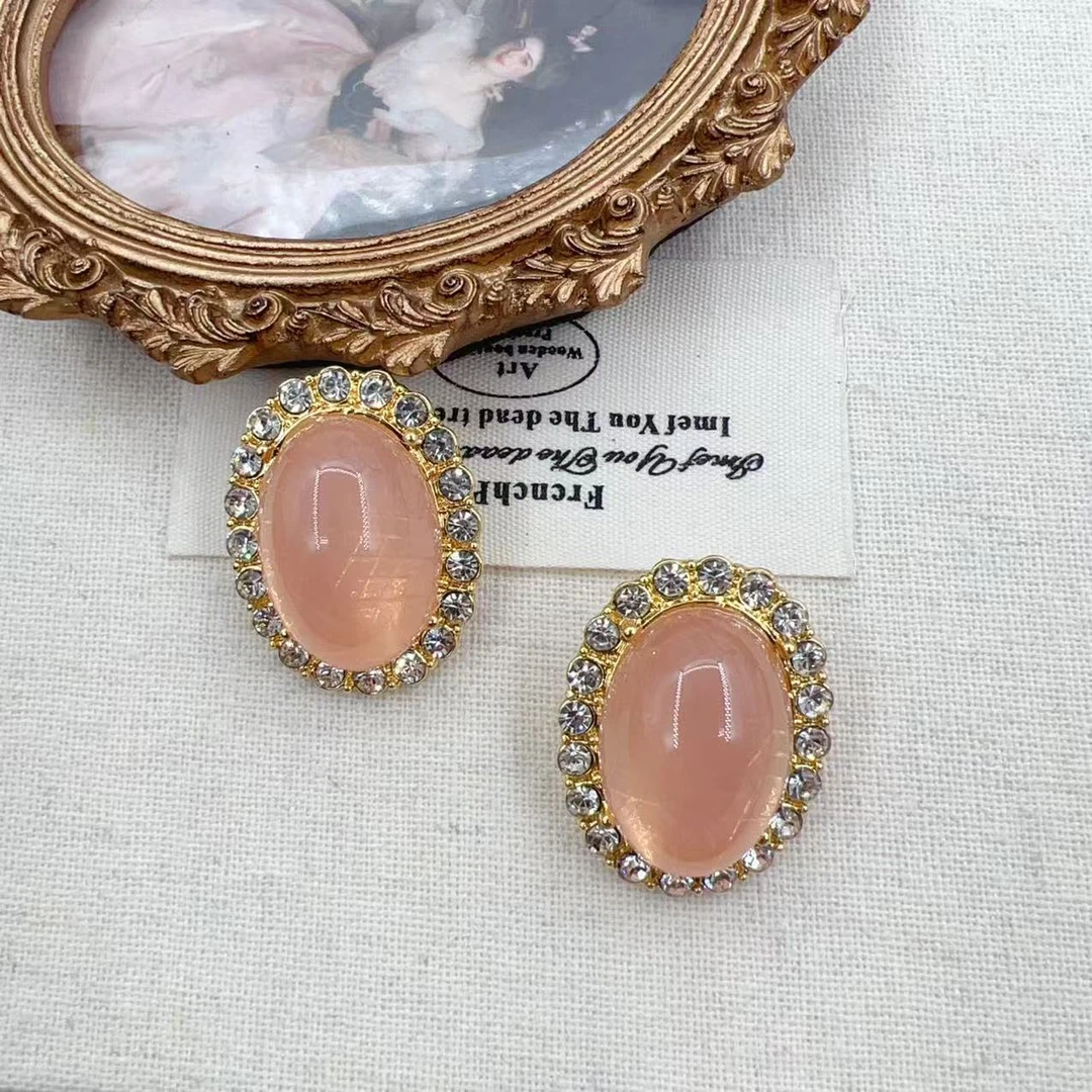 合金亚克力耳饰 2444气质时尚百搭简约椭圆粉中古小众vintage耳饰