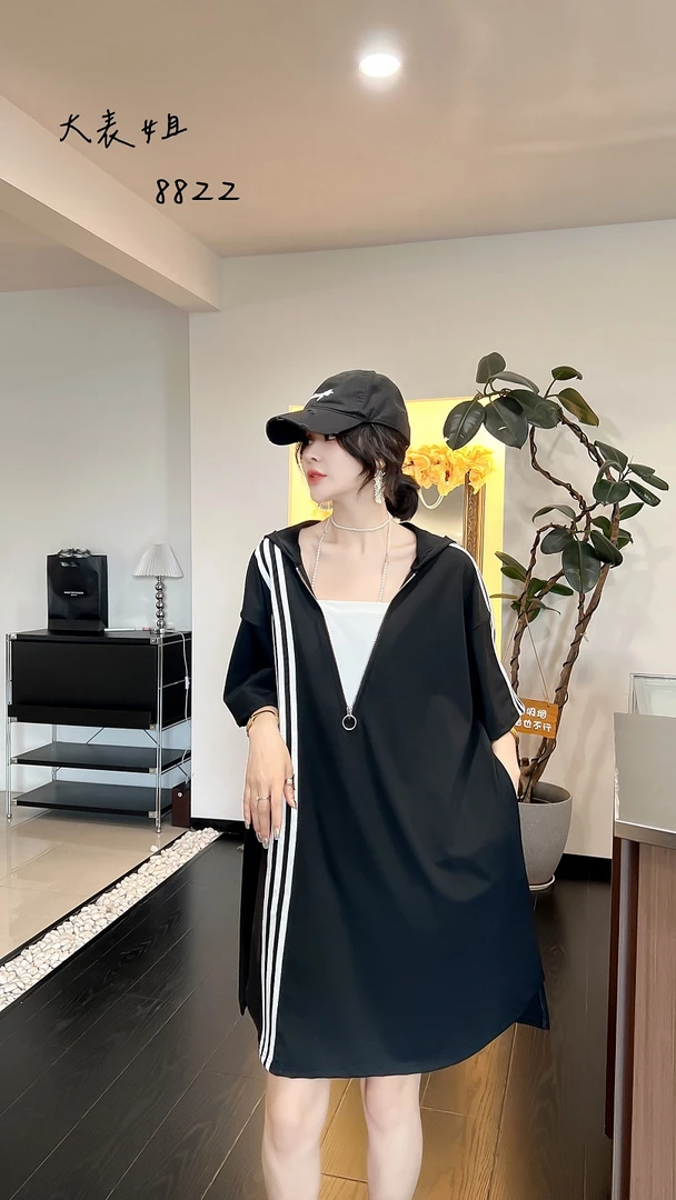 8822新款外穿大码连帽t恤裙夏季宽松显瘦遮肚短袖假两件连衣裙女