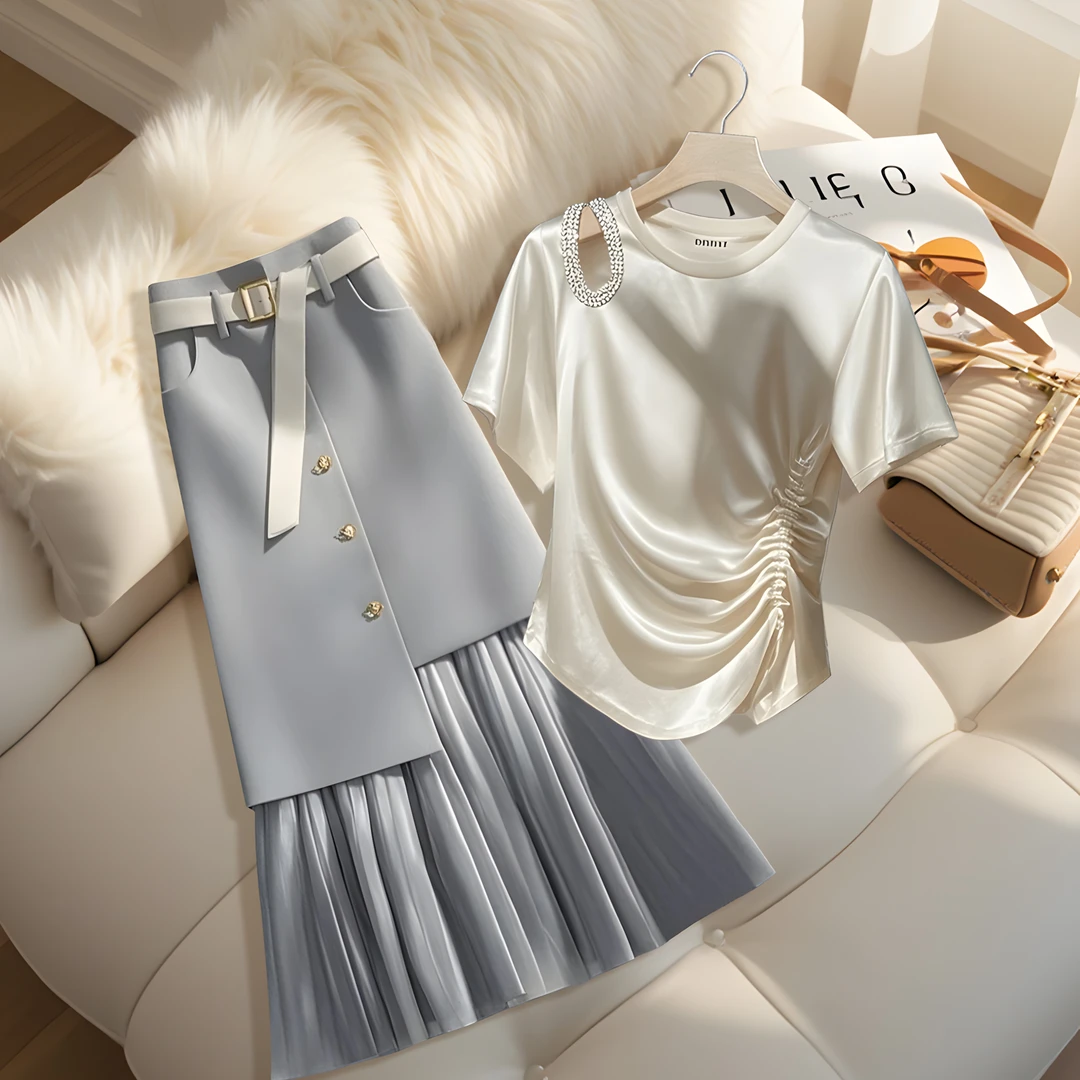 今年夏季爆款轻奢高级感抽绳短袖T恤洋气高腰拼接半身裙子套装女