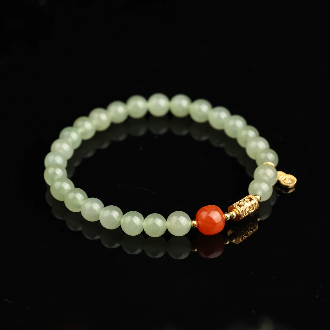 [周大金玉石]s925银和田玉晴水吉字葫芦花手串-S3612-福