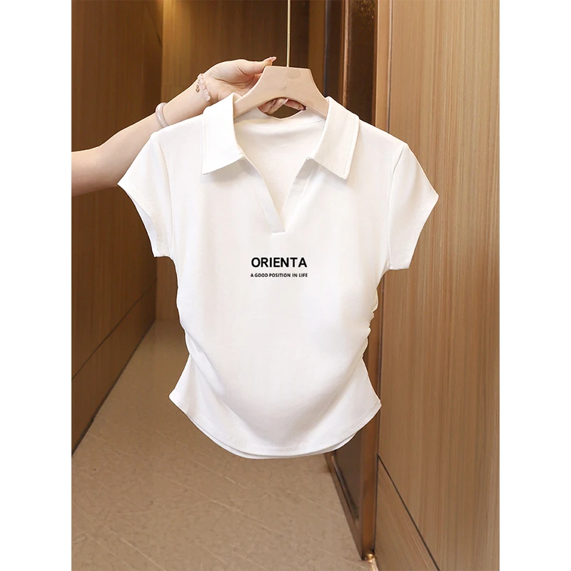 白色polo领短袖t恤女装夏2025新款收腰修身短款正肩洋气纯棉上衣