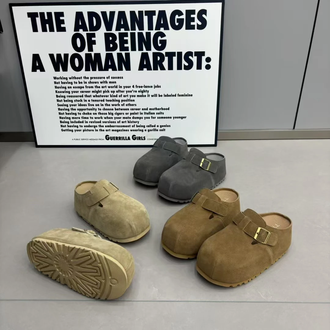 包头拖平底平跟松糕底包头保暖休闲鞋半拖牛反绒皮鞋