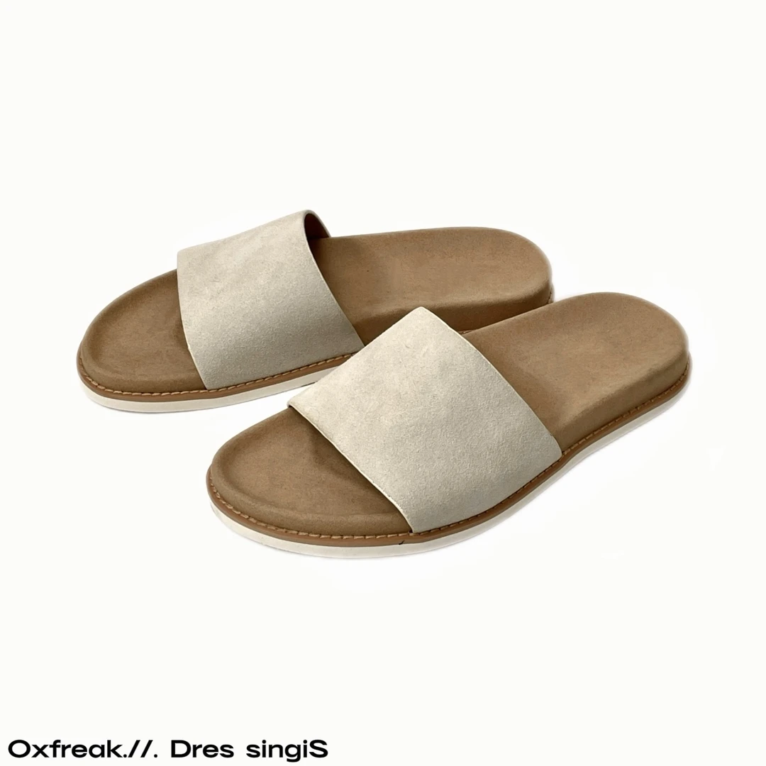 OXFREAK 老钱风复古软底一字拖凉鞋男休闲轻便透气沙滩牛反绒拖鞋