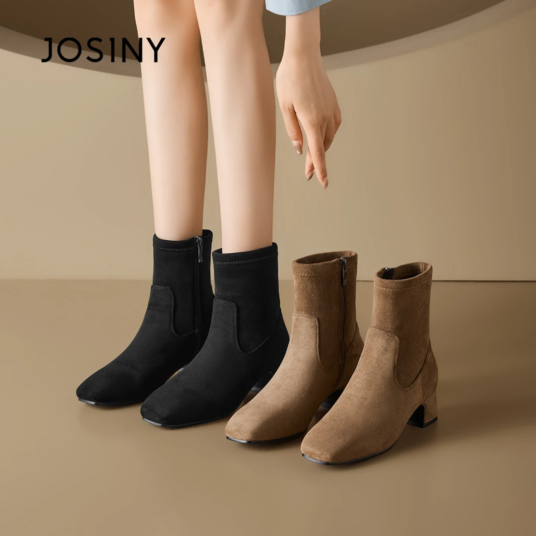 卓诗尼棕色高跟短靴女款2025新款秋冬美拉德弹力瘦瘦靴厚底马丁靴