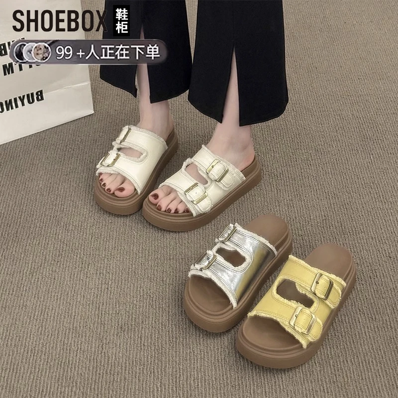 达芙妮旗下厚底银色勃肯凉拖鞋女夏外穿新款高级感沙滩一字拖