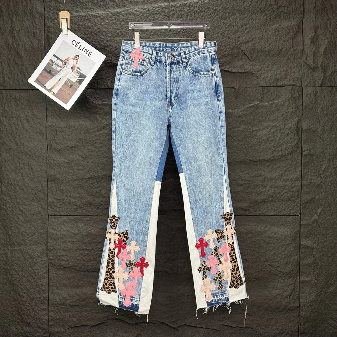25夏季新款限定拼接裤脚粉豹纹十字架拼皮情侣款微喇牛仔裤男女款