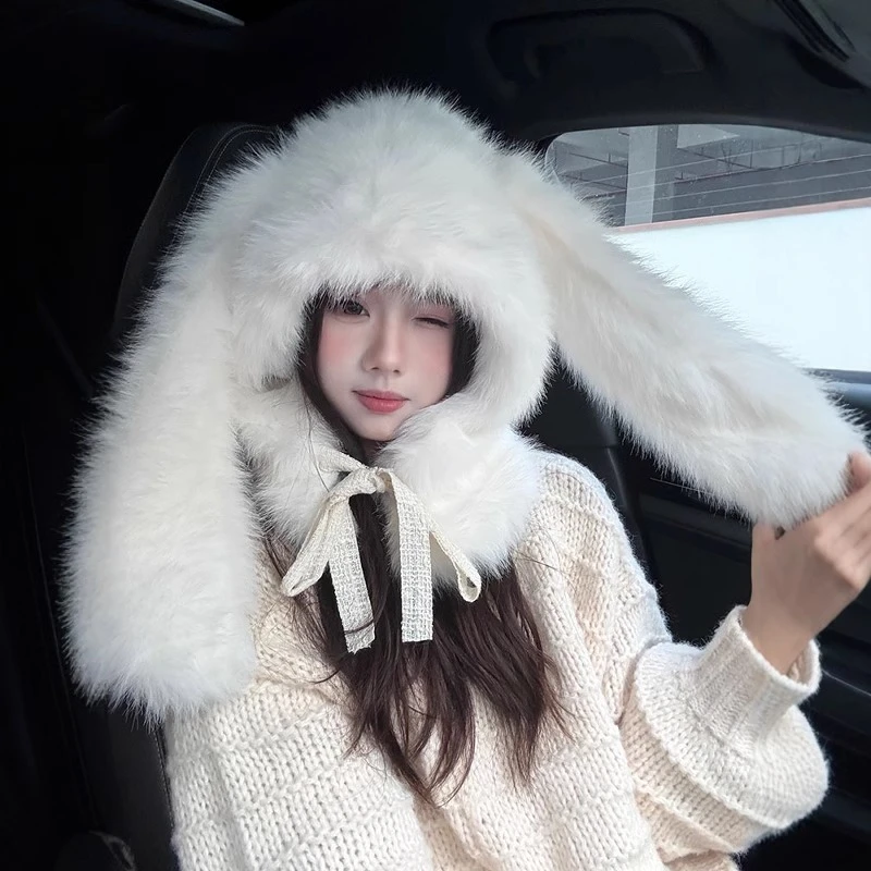 超保暖~秋冬季新款拍照好看女生长耳兔子披肩帽子女可爱加绒绑带