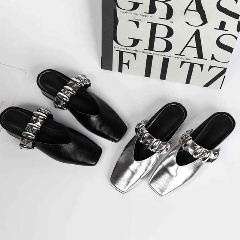 法式复古方头水钻包头半拖鞋女夏外穿2025新款银色内增高穆勒凉拖