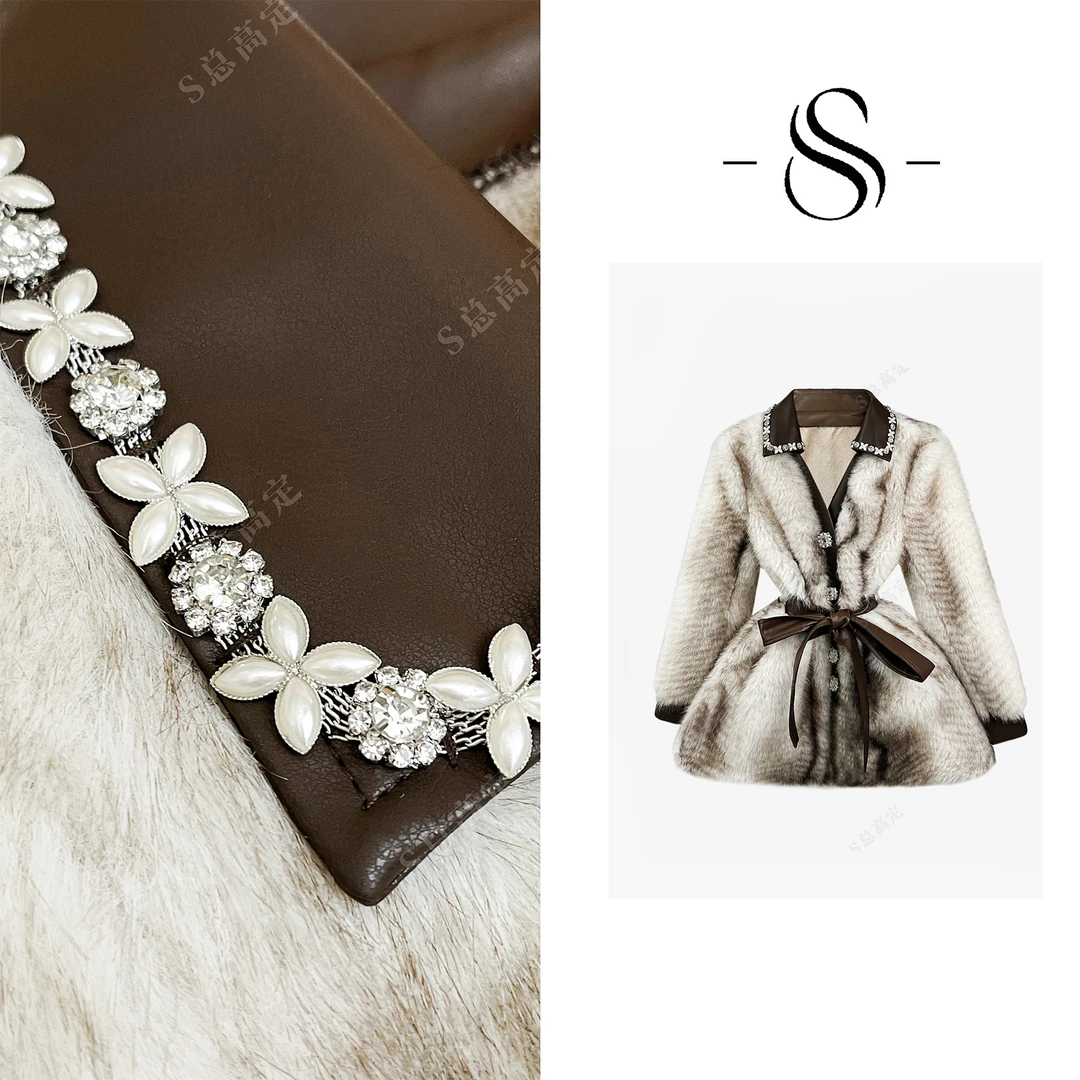 NIMOSHI【倩倩】法式冬季轻奢拼接钉珠亮片艺束腰显瘦百搭外套D0349