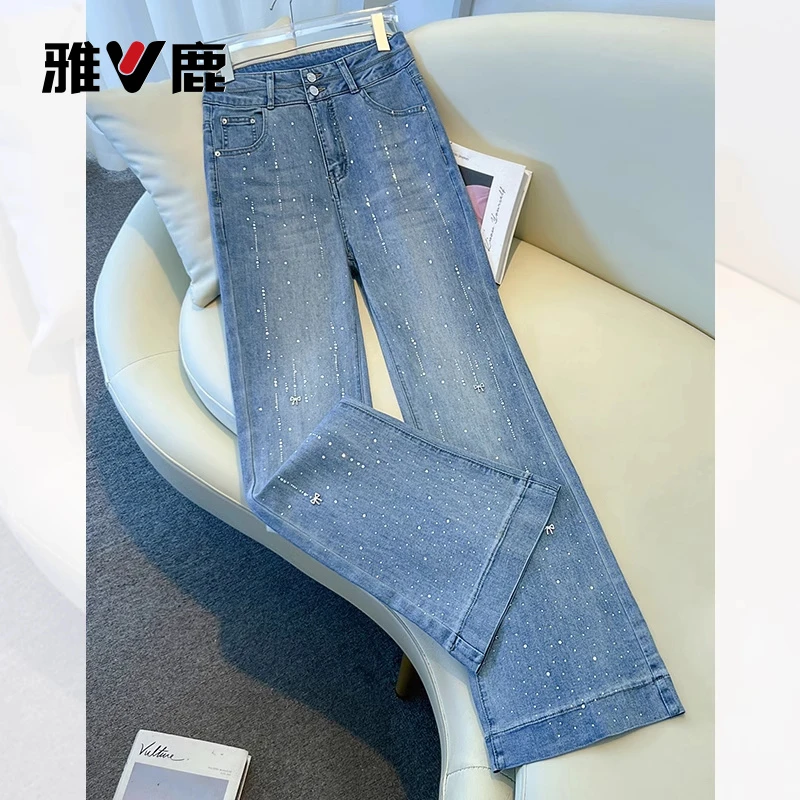 雅鹿微喇牛仔裤女2025年春秋季新款百搭烫钻修身显瘦马蹄喇叭裤