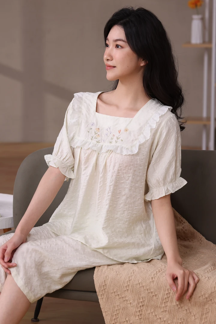 夏季居家女士睡衣家居服套装公主风甜美蕾丝舒适薄款花边