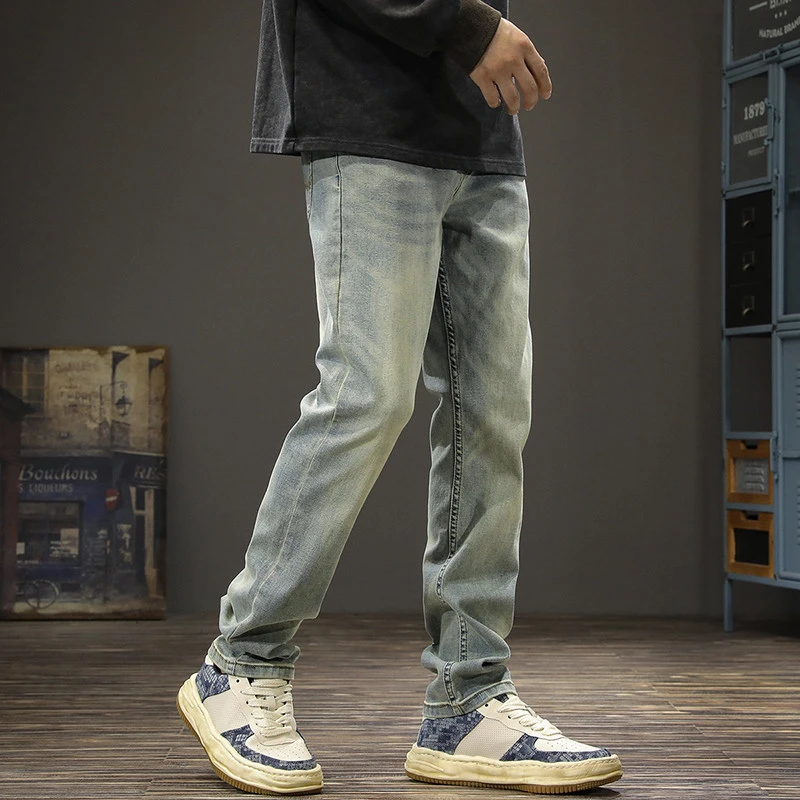 美式新款牛仔裤男重磅黄泥染水洗做旧长裤春秋季痞帅休闲直筒裤