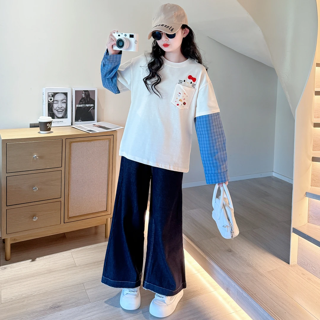 女童秋装套装2025新款儿童洋气假两件上衣女大童牛仔阔腿裤两件套