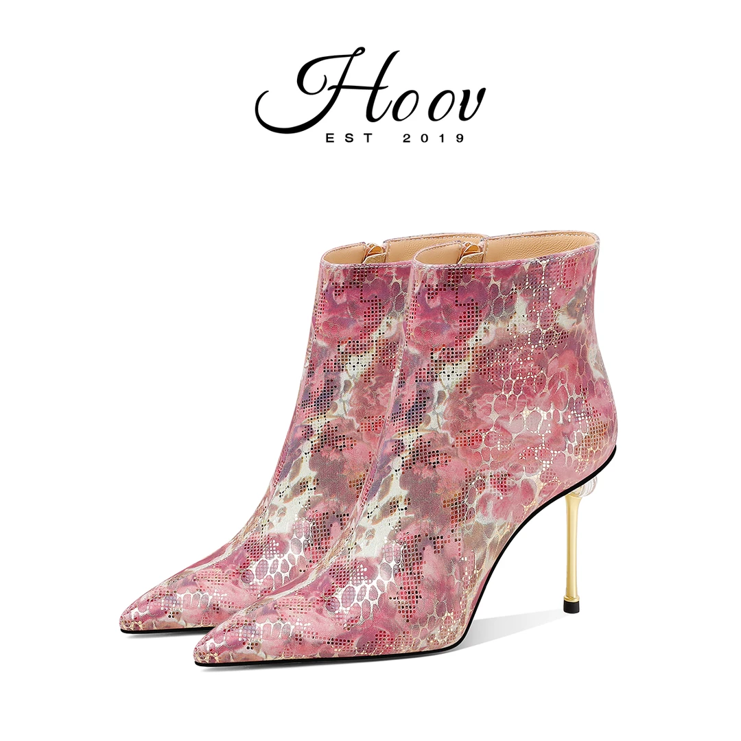 HOOV A/W设计师小众幻彩蛇纹真皮高跟短靴女尖头高跟高奢宴会靴子