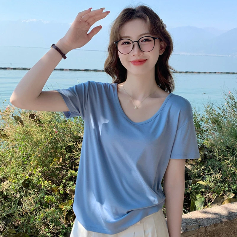 蓝色V领莫代尔短袖T恤女2025夏季新款莫代尔宽松显瘦薄款半袖上衣