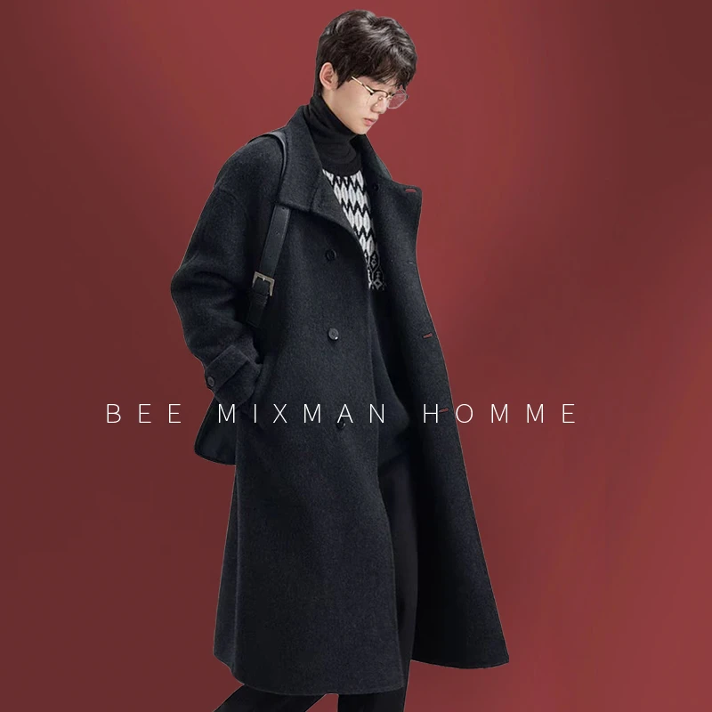 长款过膝双面呢大衣男士宽松羊毛呢子外套商务休闲加厚男大衣