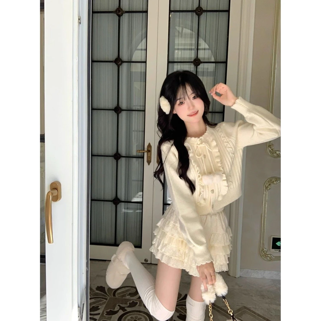 杏色淑女风软糯抽绳木耳边麻花针织上衣+蓬蓬蛋糕裙学院风套装女