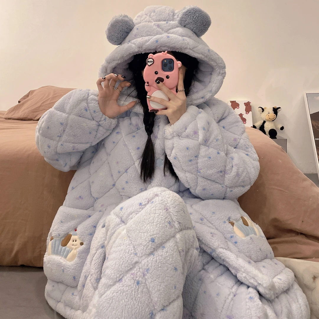 秋冬季加厚加绒珊瑚绒高级感腊肠狗睡衣2025新款女拉链卡通家居服