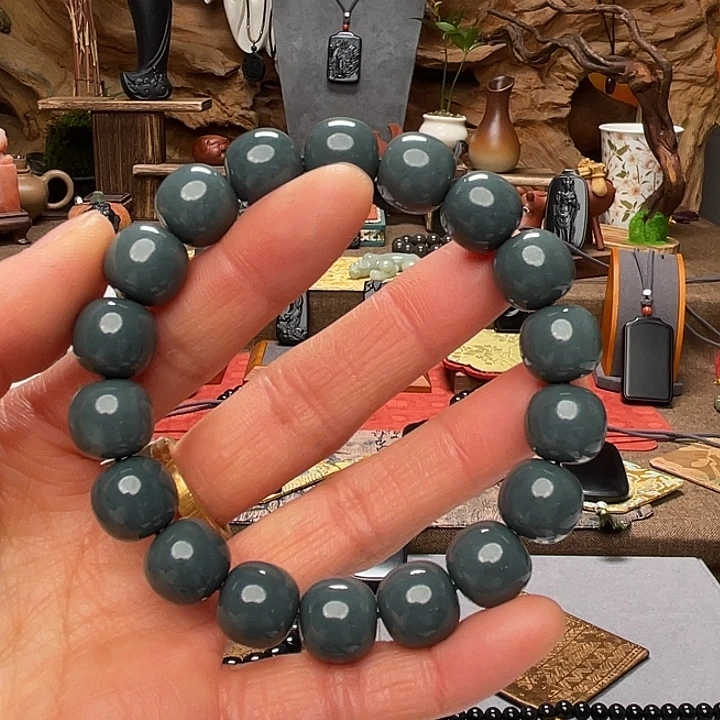 和田玉（墨玉）未镶嵌手串墨蓝迪灰卡12高定老型