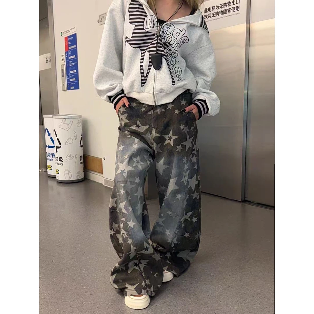 美式复古星星印花工装裤男秋季扎染高腰宽松阔腿拖地坠感长裤子潮