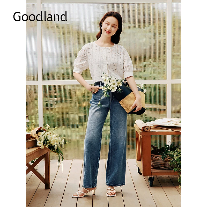 Goodland美地女装夏季时髦百搭直筒牛仔裤女裤