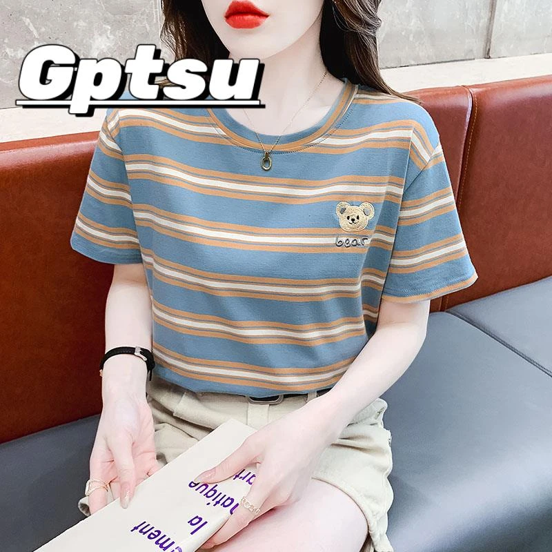 GPTSut恤宽松短袖女夏季2025年漂亮时尚女装条纹韩系chic别致上衣
