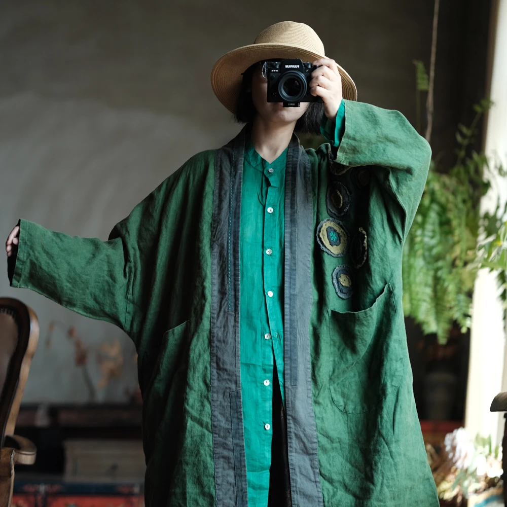 落古泥轻定制复古雪花洗麻料手工花宽松大袍外披2034旧绿