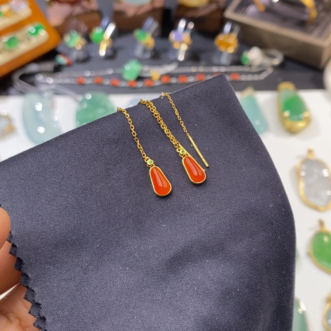 翡翠戒指18K金镶嵌天然红翡耳线