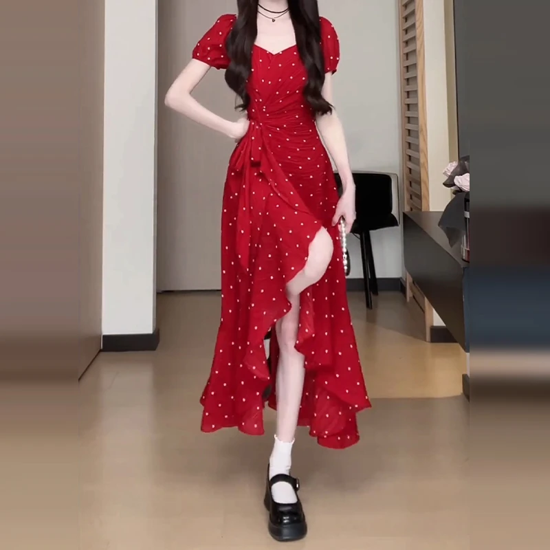 法式红色波点不规则裙子夏季2025新款蝴蝶结绑带生日约会连衣裙女
