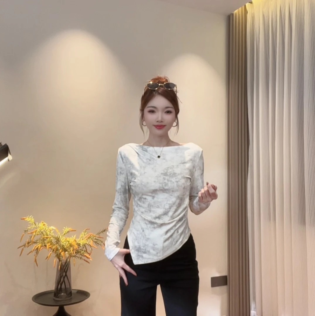 2025早秋新款长袖女短款扎染打底T恤一字肩打底衫内搭上衣女9045