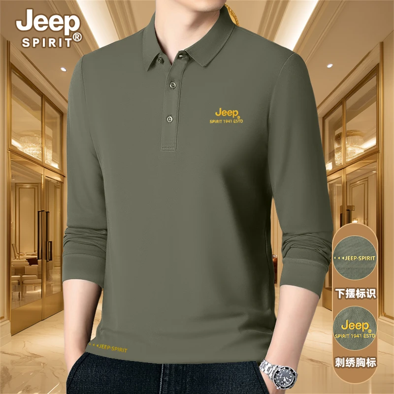 JEEP SPIRIT刺绣polo衫男款春秋季翻领军绿色休闲长袖T恤男装上衣